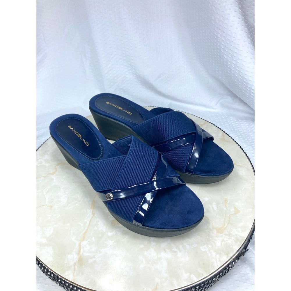 Bandolino Donovan Wedge Slide Sandals Women 9 Navy Blue Patent Leather Comfy NWT